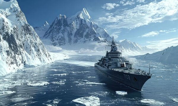 Warship in the Arctic sea