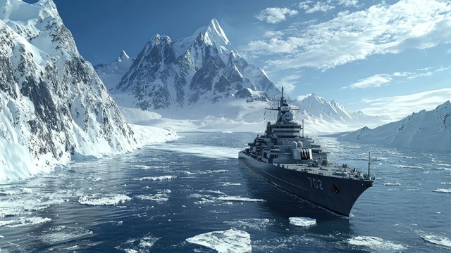 Warship in the Arctic sea