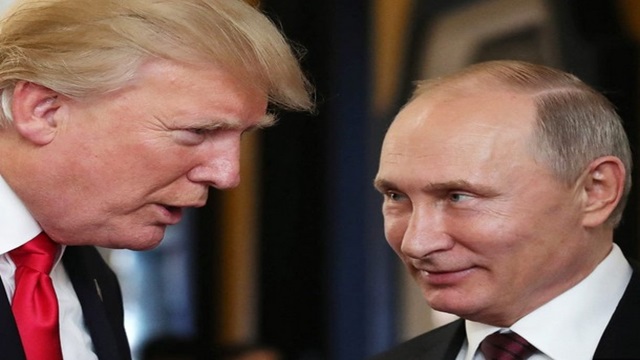 Trump looking down on a grinning Putin