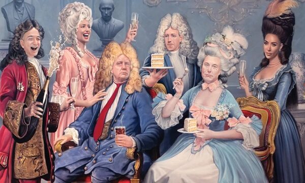Caricature of US oligarchs with Trump