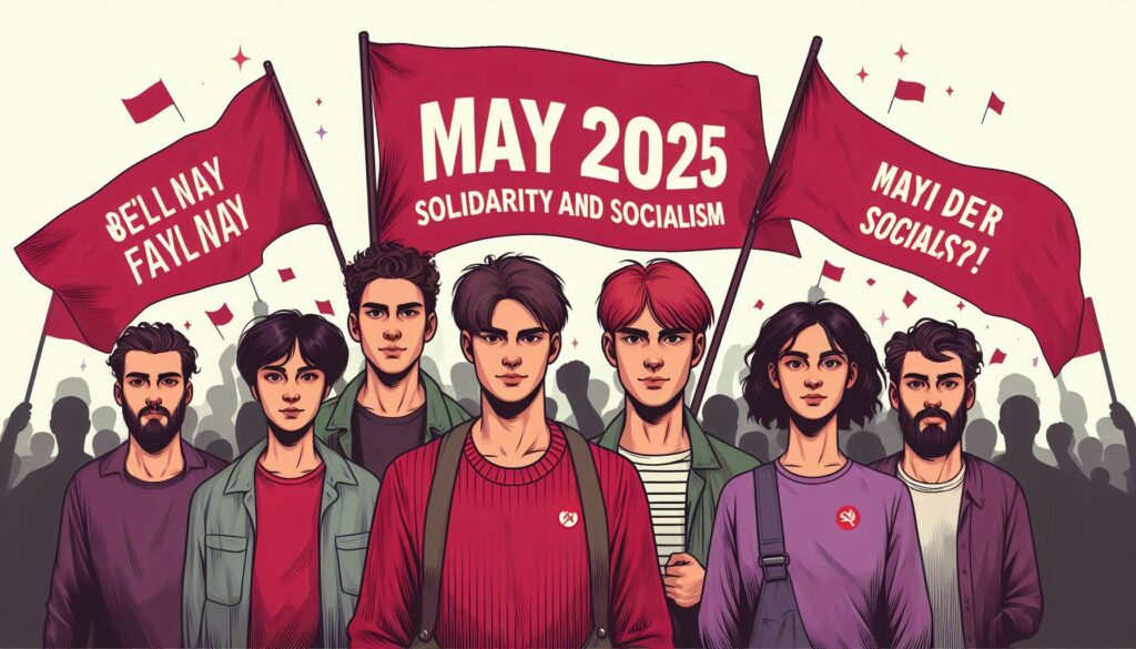 Young people with red and purple flags saying May Day 2025