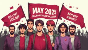 Young people with red and purple flags saying May Day 2025