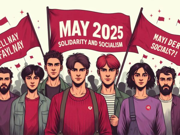 Young people with red and purple flags saying May Day 2025