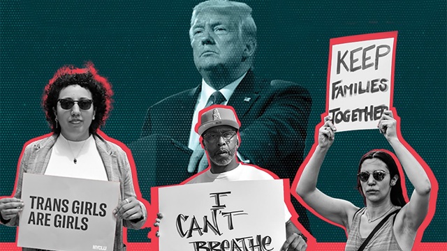 Trump looms over protesters with placrds