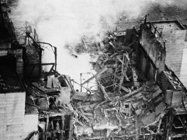 The early aftermath and wreckage at the Chernobyl nuclear station