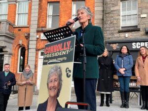 Catherine Connolly address a street meeting during the Irish Presidential Campaign