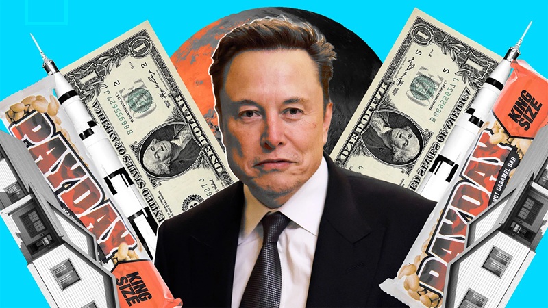 Elon Musk surrounded by dollar bills